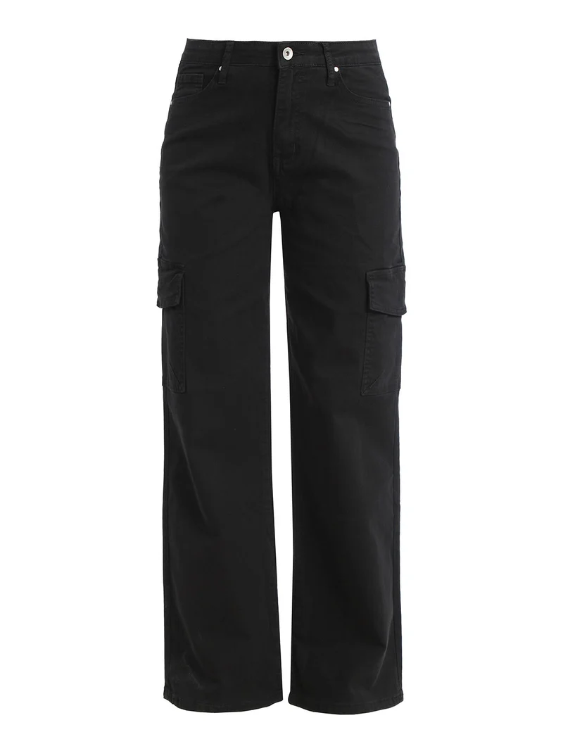 Pantaloni donna a gamba larga con tasconi - nero