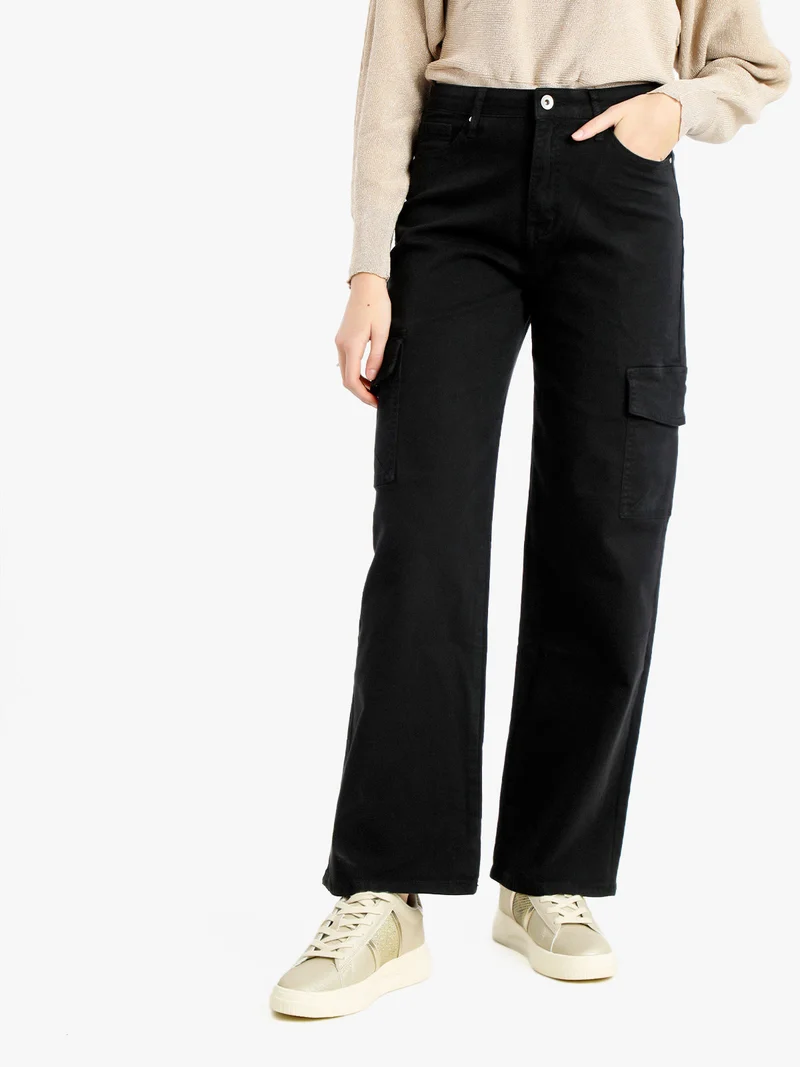 Pantaloni donna a gamba larga con tasconi - nero