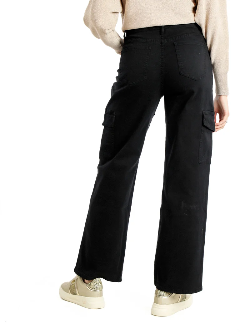 Pantaloni donna a gamba larga con tasconi - nero