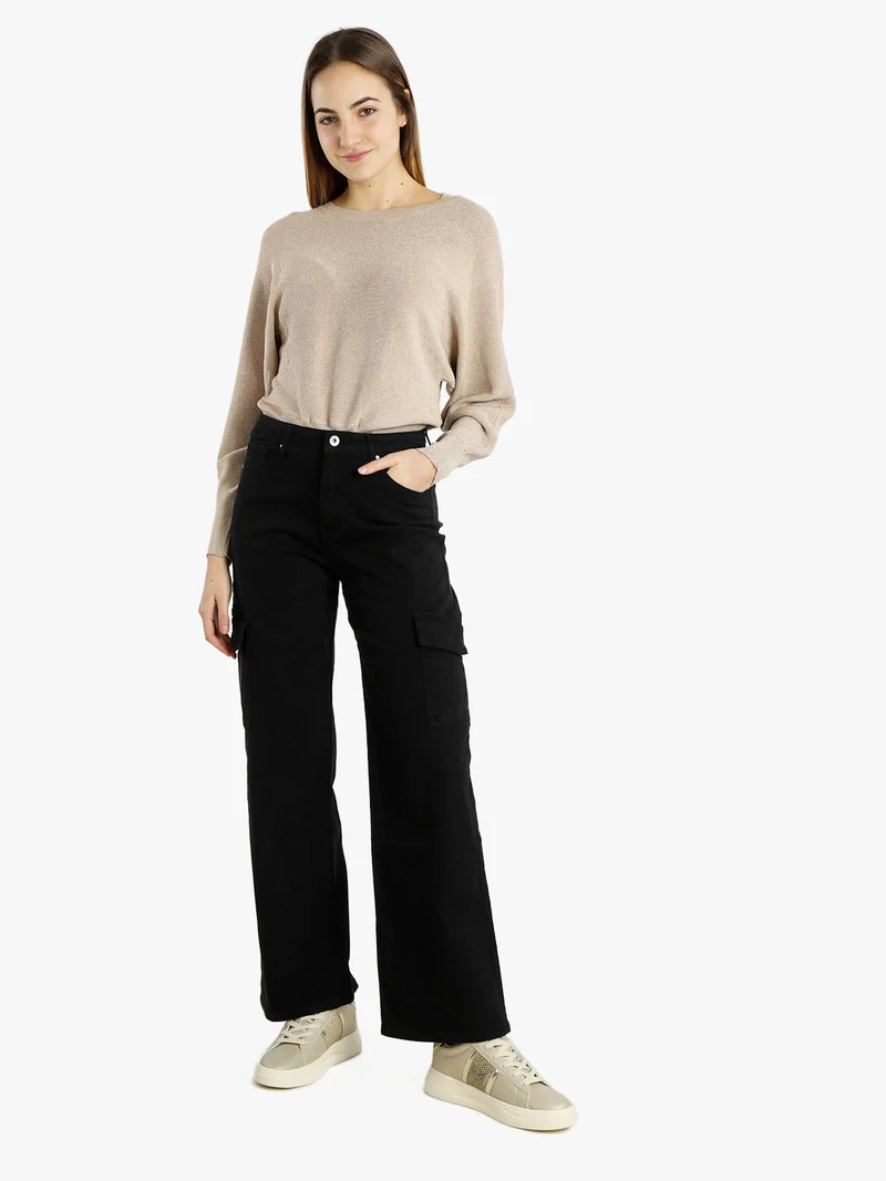 Pantaloni donna a gamba larga con tasconi - nero
