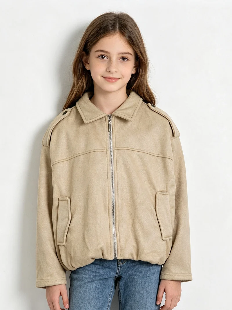 Giacca scamosciata da bambina con zip - beige