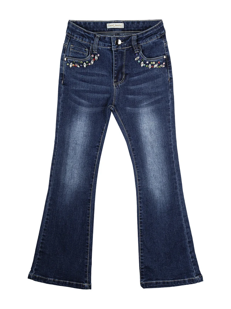 Jeans da bambina a zampa con pietre colorate - jeans