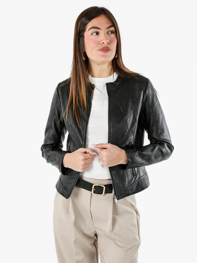 Giacca donna in ecopelle con zip - nero