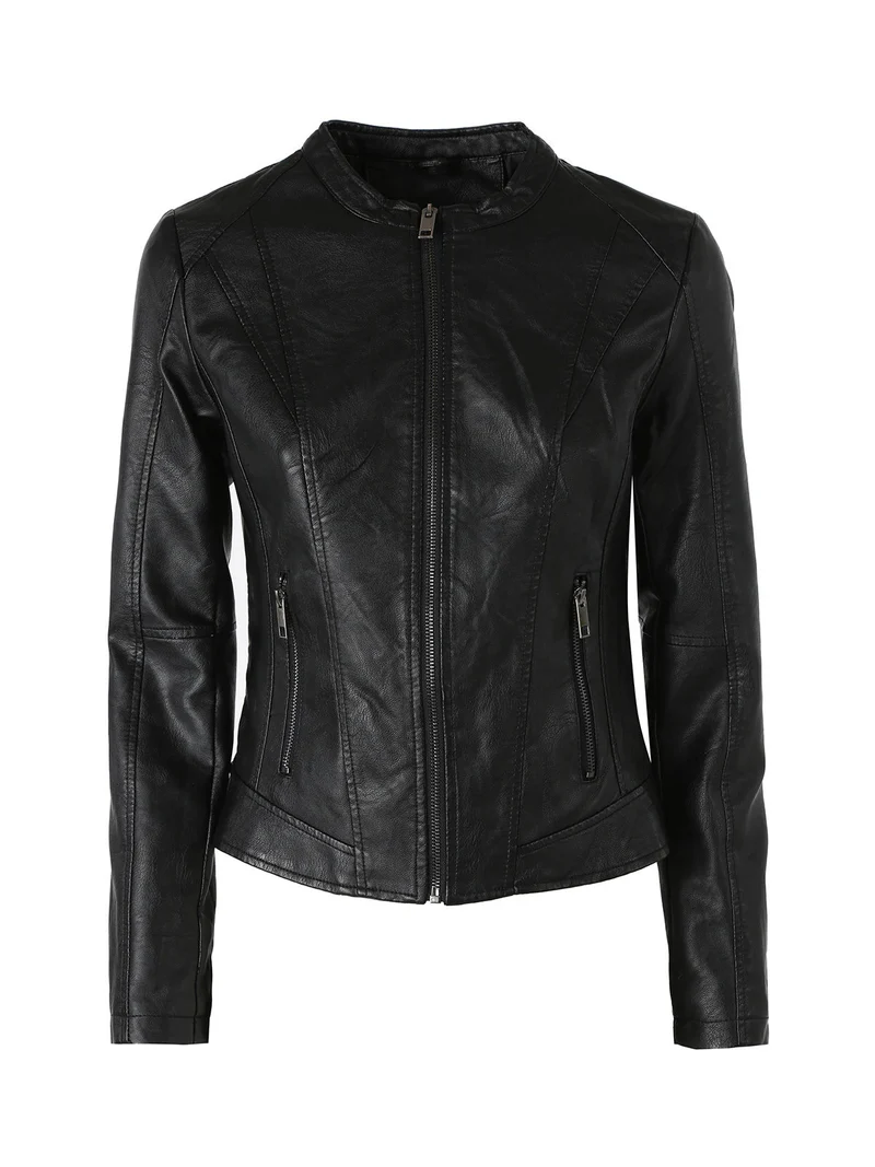 Giacca donna in ecopelle con zip - nero