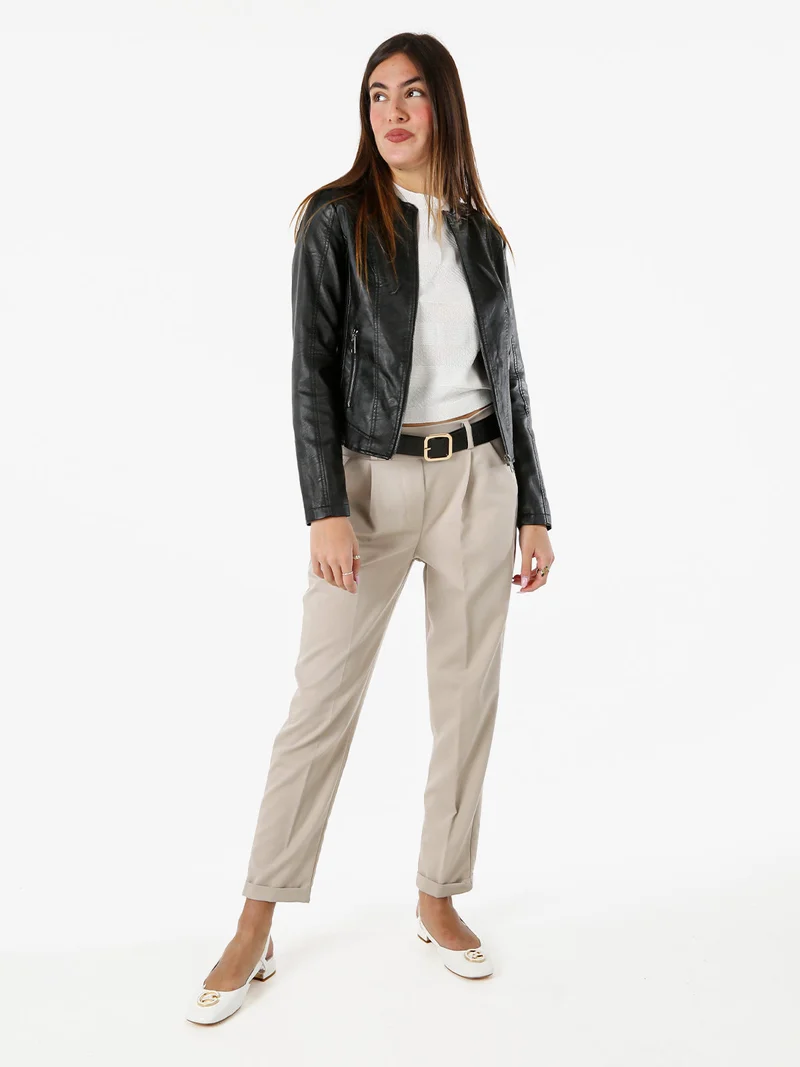 Giacca donna in ecopelle con zip - nero