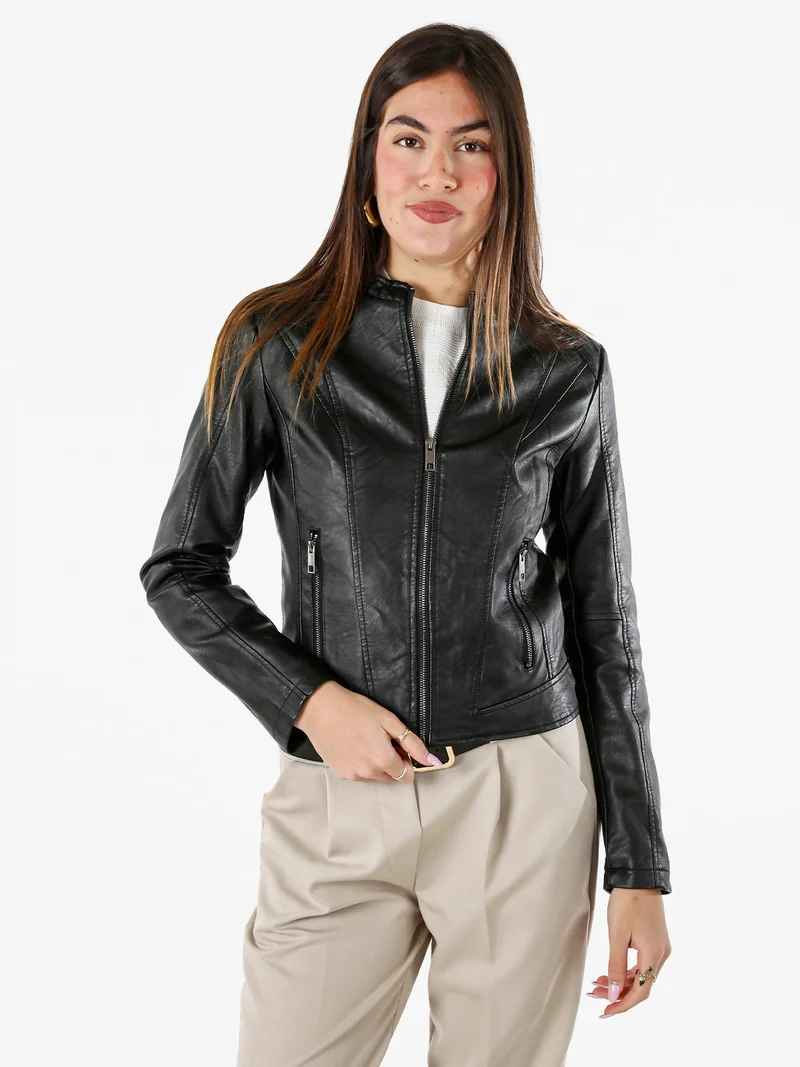 Giacca donna in ecopelle con zip - nero