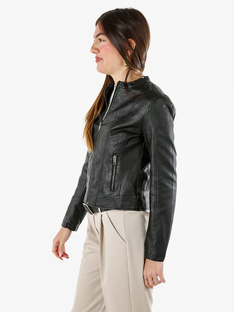 Giacca donna in ecopelle con zip - nero