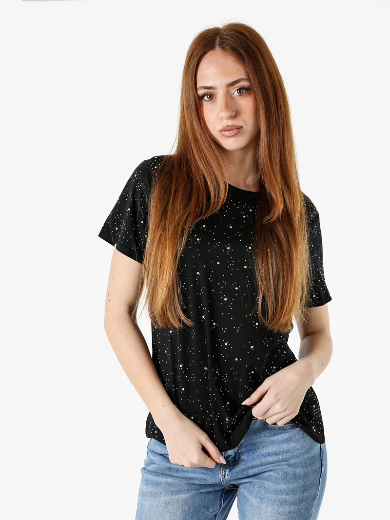 T-shirt donna in cotone con strass - nero