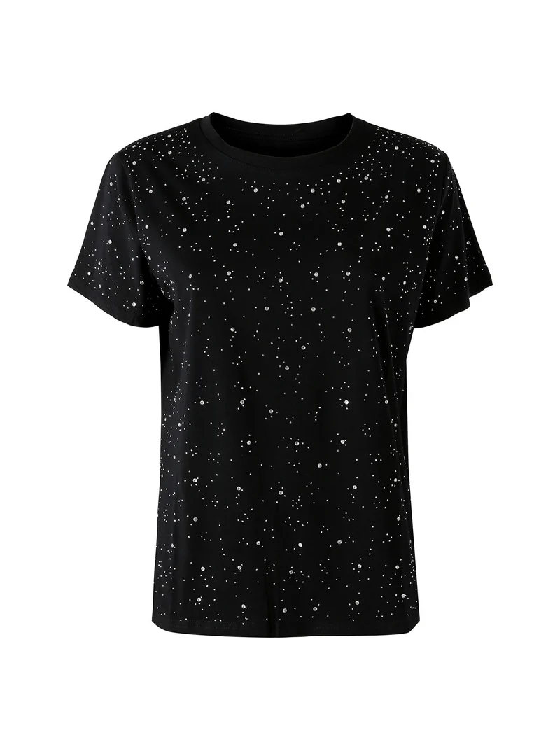 T-shirt donna in cotone con strass - nero
