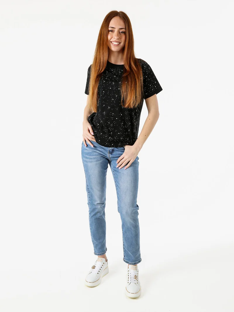 T-shirt donna in cotone con strass - nero