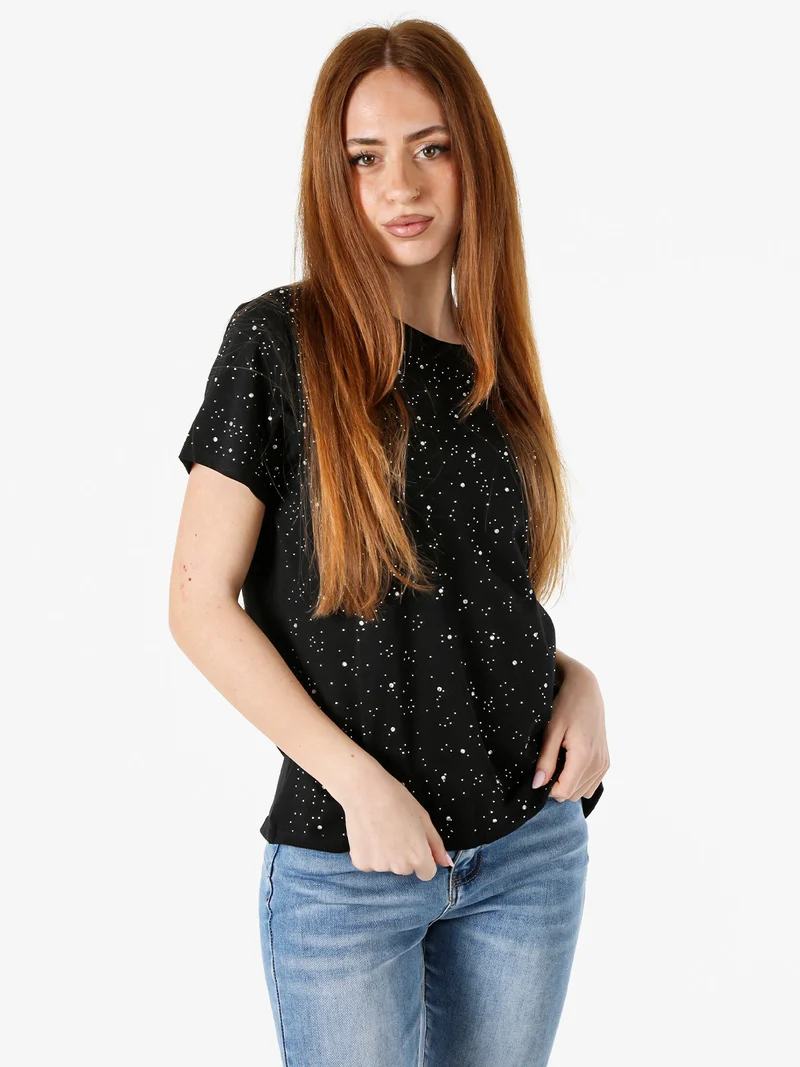 T-shirt donna in cotone con strass - nero