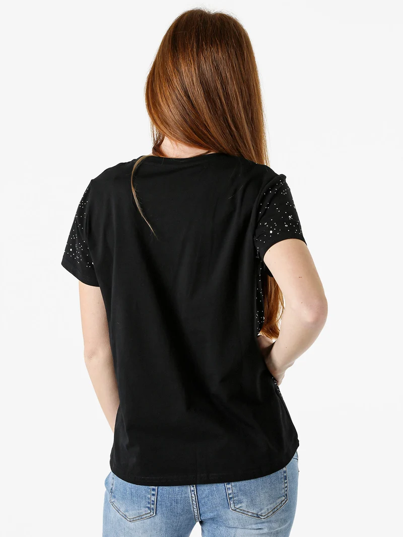 T-shirt donna in cotone con strass - nero