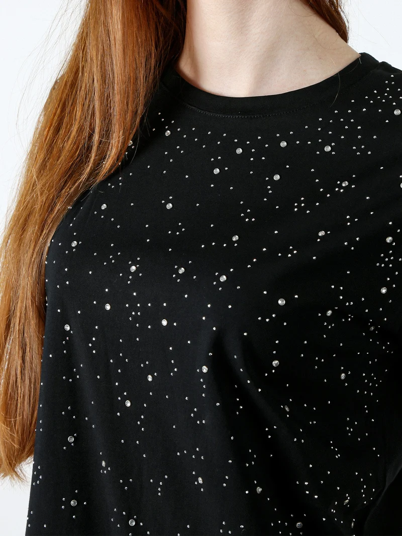 T-shirt donna in cotone con strass - nero