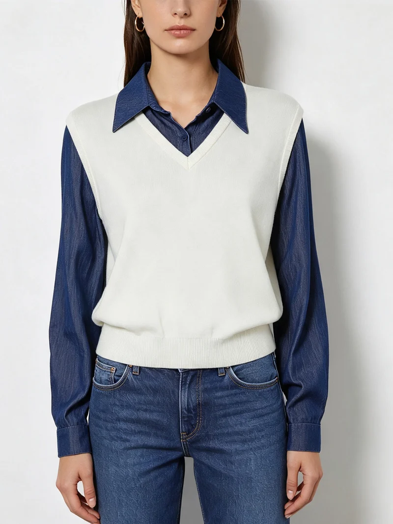 Maglia donna a gilet con inserto a camicia effetto jeans - panna