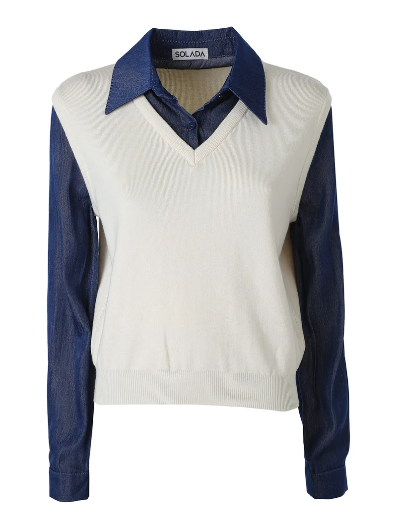 Maglia donna a gilet con inserto a camicia effetto jeans - panna
