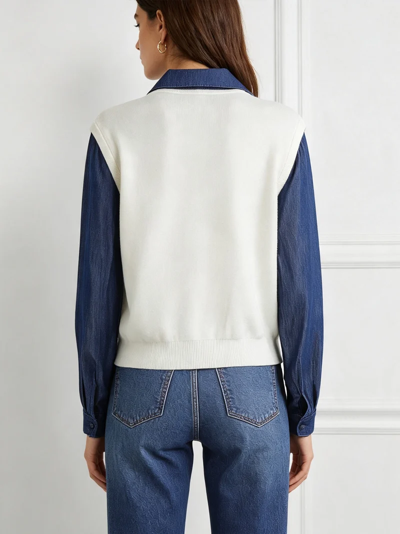 Maglia donna a gilet con inserto a camicia effetto jeans - panna