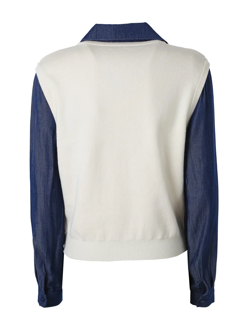 Maglia donna a gilet con inserto a camicia effetto jeans - panna