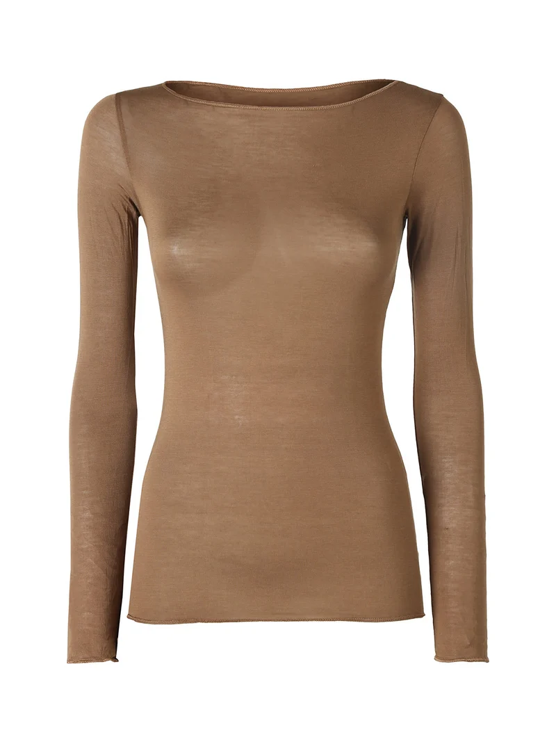 Maglia donna a maniche lunghe in misto lana con scollo a barca - marrone