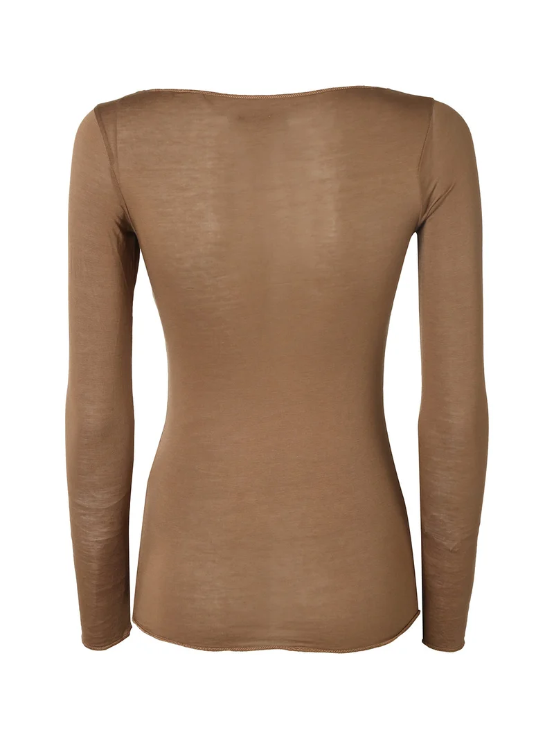 Maglia donna a maniche lunghe in misto lana con scollo a barca - marrone