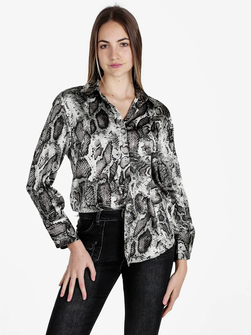 Camicia donna con stampa animalier a maniche lunghe - grigio