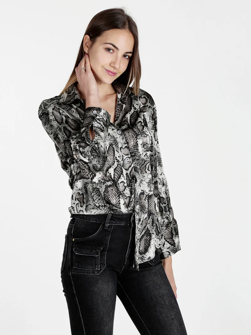 Camicia donna con stampa animalier a maniche lunghe - grigio