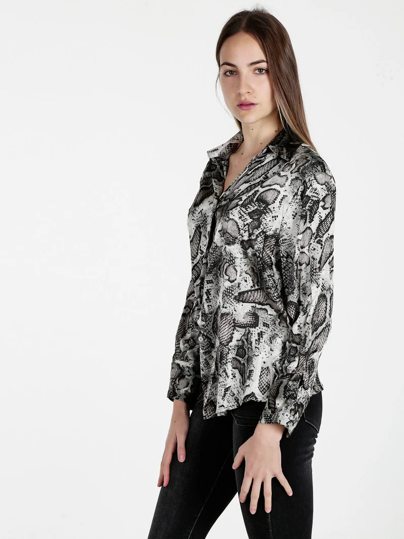Camicia donna con stampa animalier a maniche lunghe - grigio