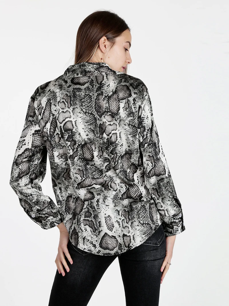 Camicia donna con stampa animalier a maniche lunghe - grigio