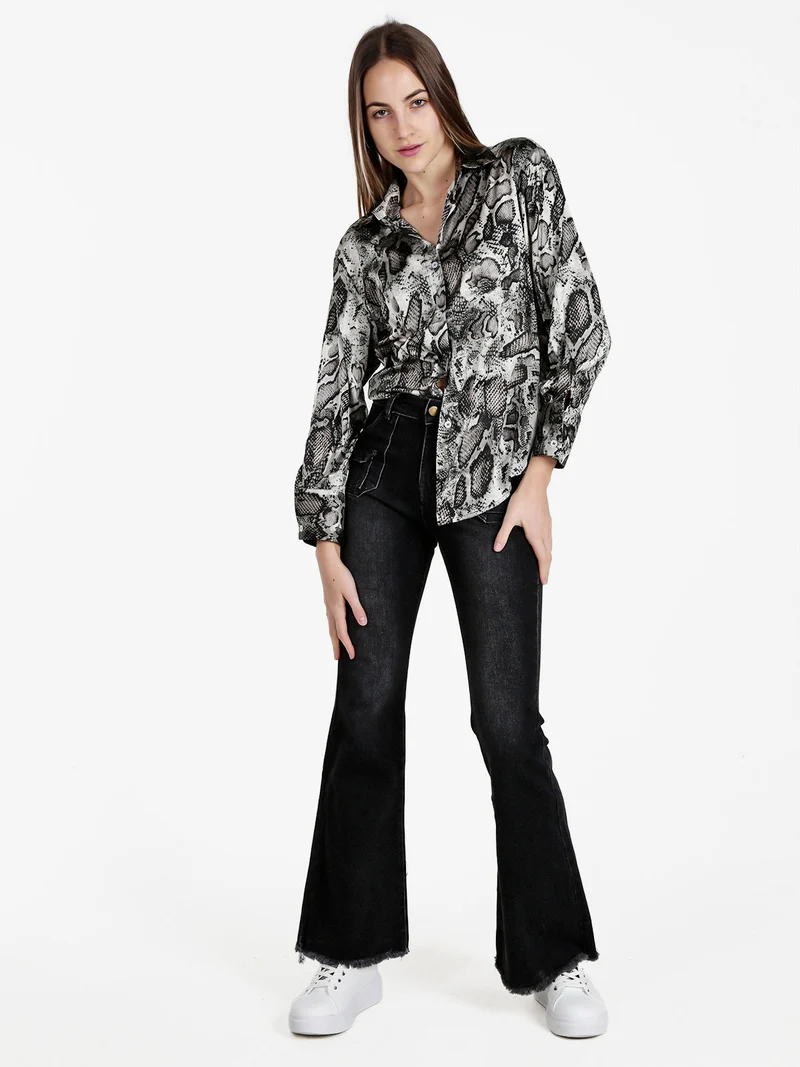 Camicia donna con stampa animalier a maniche lunghe - grigio