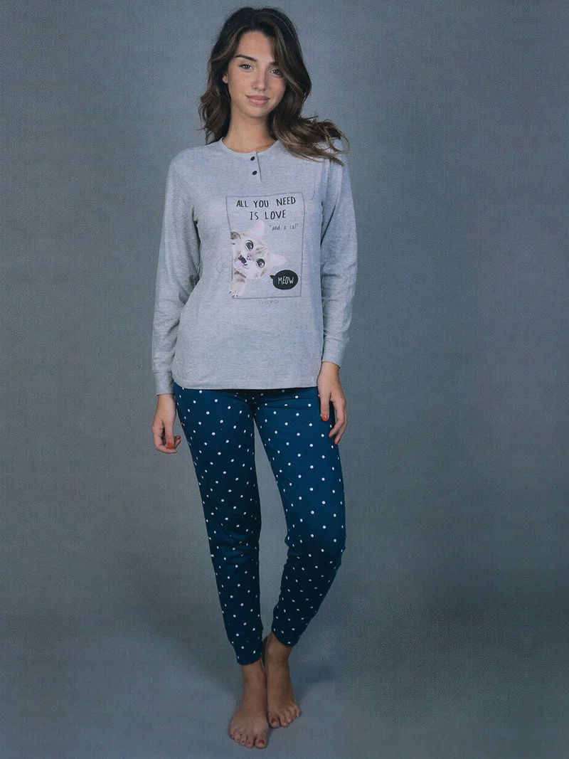 Pigiama lungo da donna in cotone con pantaloni a pois - grigio