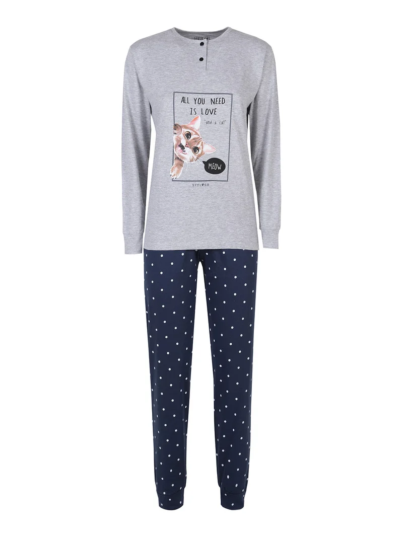 Pigiama lungo da donna in cotone con pantaloni a pois - grigio