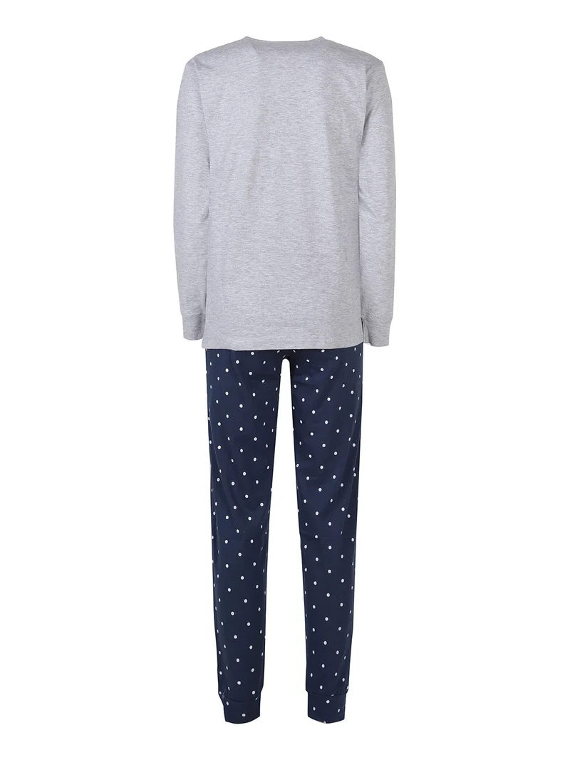 Pigiama lungo da donna in cotone con pantaloni a pois - grigio
