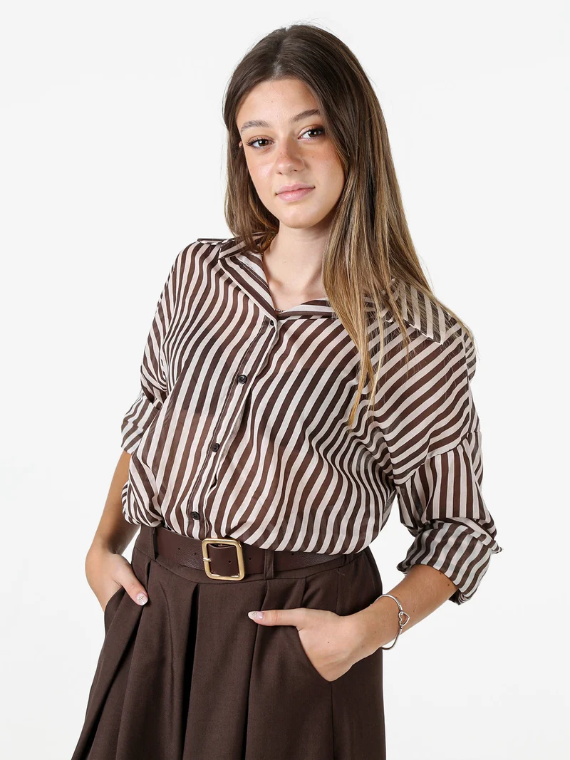 Camicia donna oversize in cotone con stampa a righe - moro