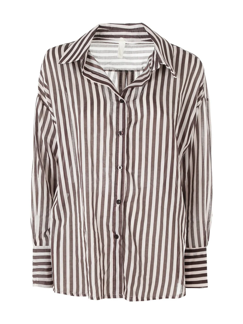 Camicia donna oversize in cotone con stampa a righe - moro