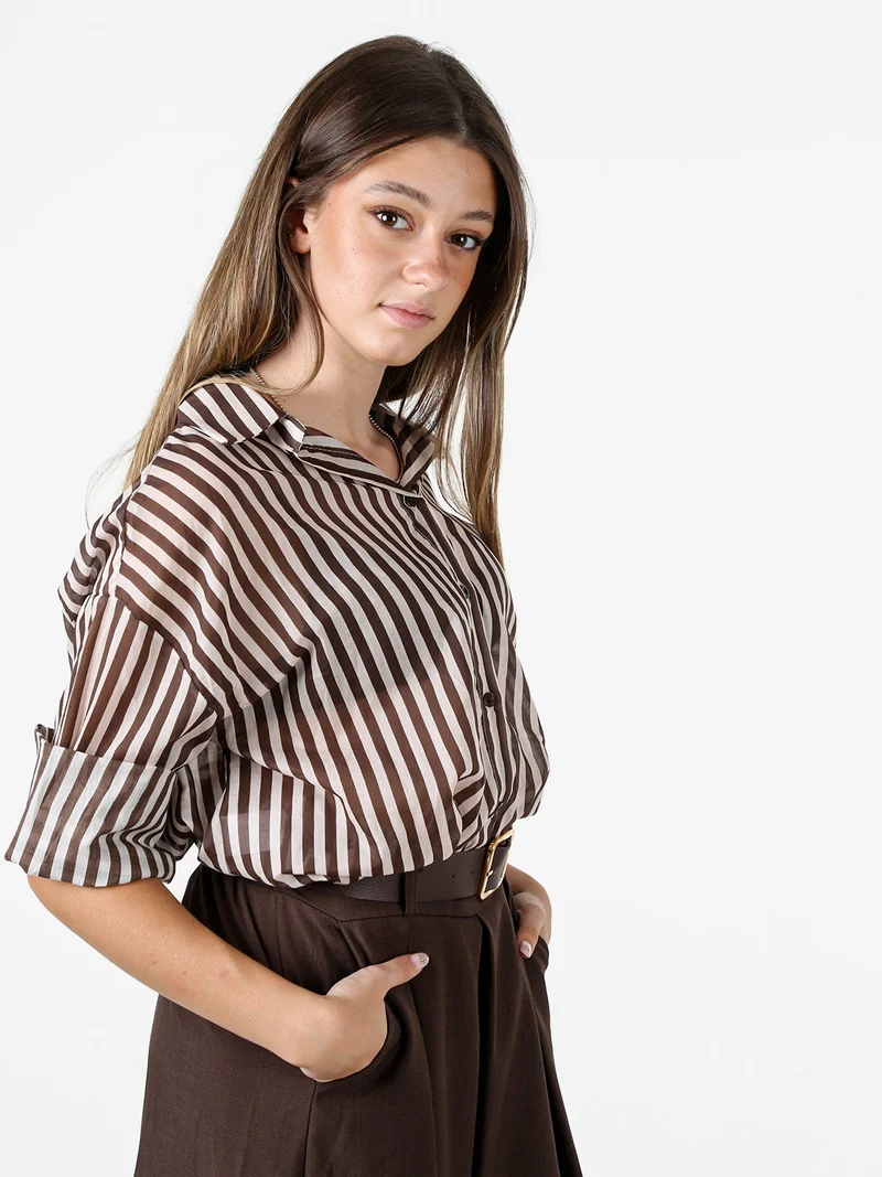 Camicia donna oversize in cotone con stampa a righe - moro