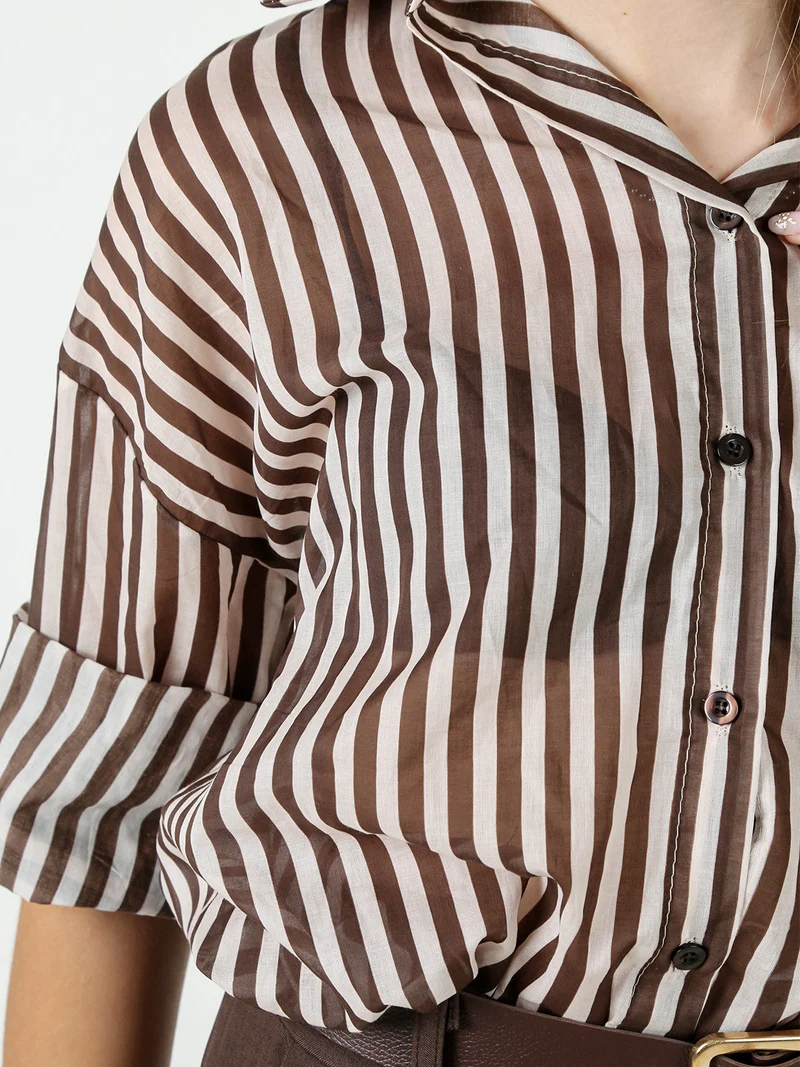 Camicia donna oversize in cotone con stampa a righe - moro