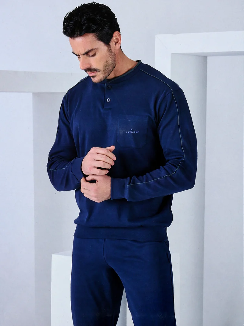 Pigiama lungo da uomo in cotone interlock con taschino - blu scuro