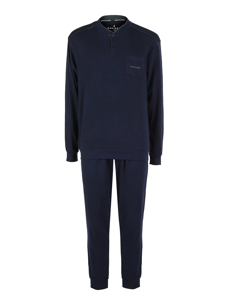 Pigiama lungo da uomo in cotone interlock con taschino - blu scuro