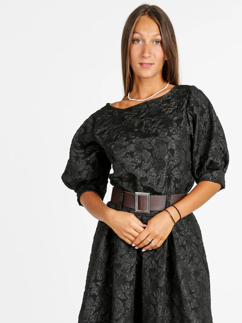 Blusa donna con ricami e maniche corte a palloncino - nero