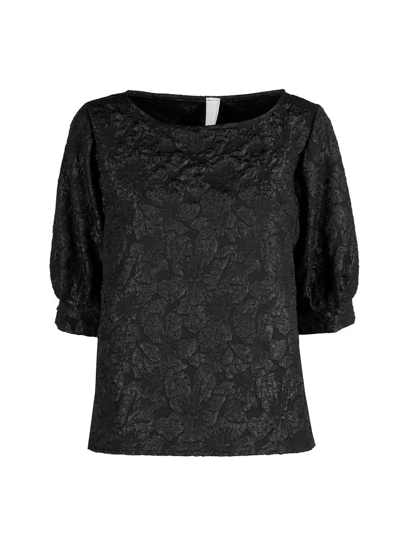 Blusa donna con ricami e maniche corte a palloncino - nero