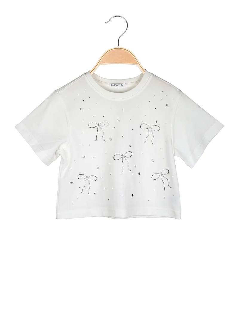 T-shirt cropped da ragazza con strass - bianco