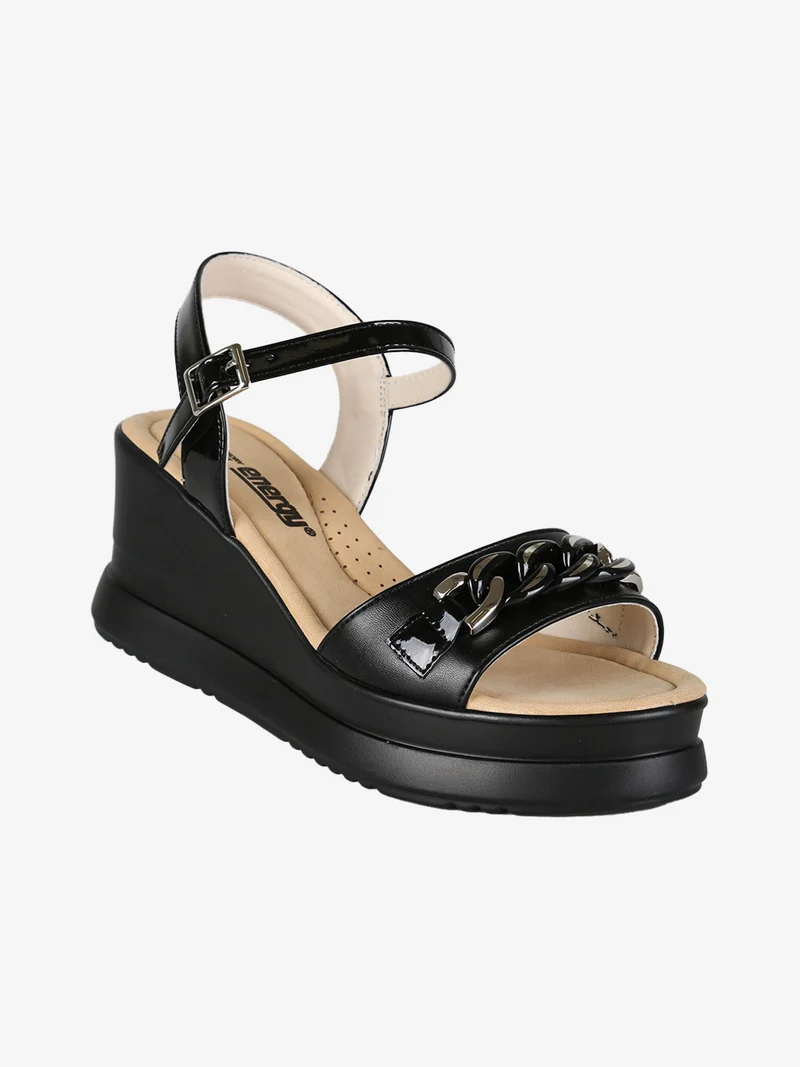 Sandali donna dettaglio catena con zeppa e plateau - nero