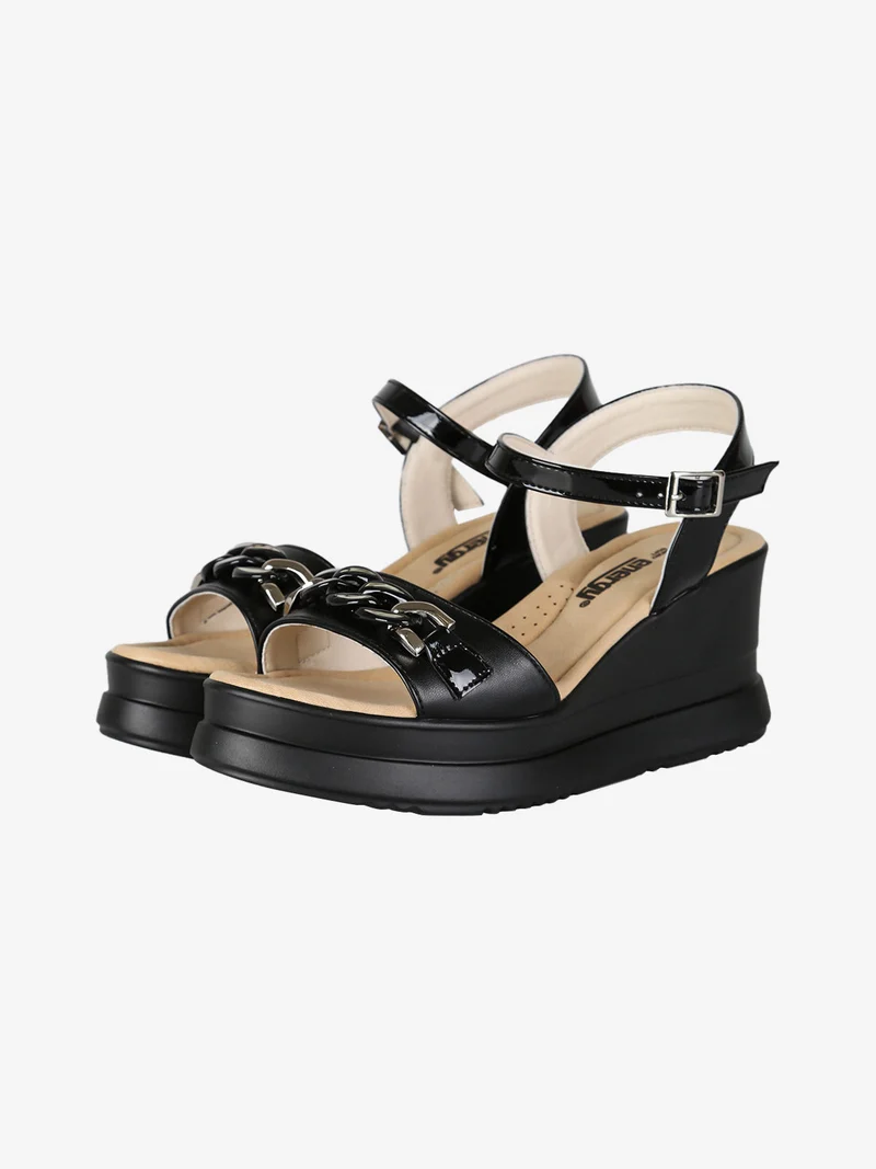 Sandali donna dettaglio catena con zeppa e plateau - nero