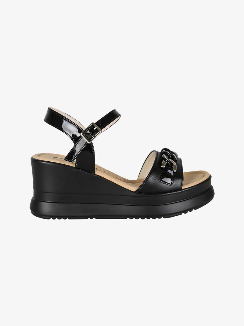 Sandali donna dettaglio catena con zeppa e plateau - nero