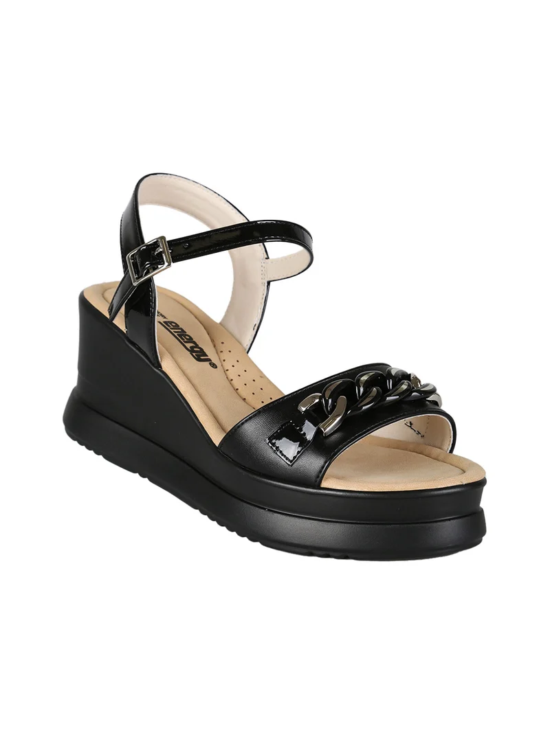 Sandali donna dettaglio catena con zeppa e plateau - nero