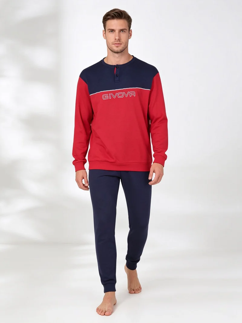 Pigiama lungo da uomo in cotone interlock - bordeaux