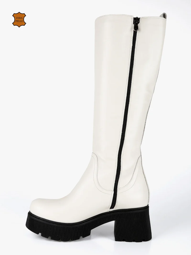 Stivali in pelle da donna con tacco e plateau - bianco