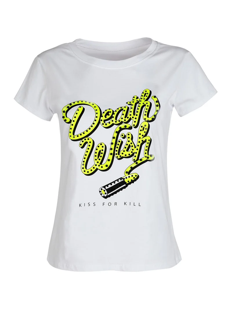 T-shirt girocollo con borchie e strass - verde