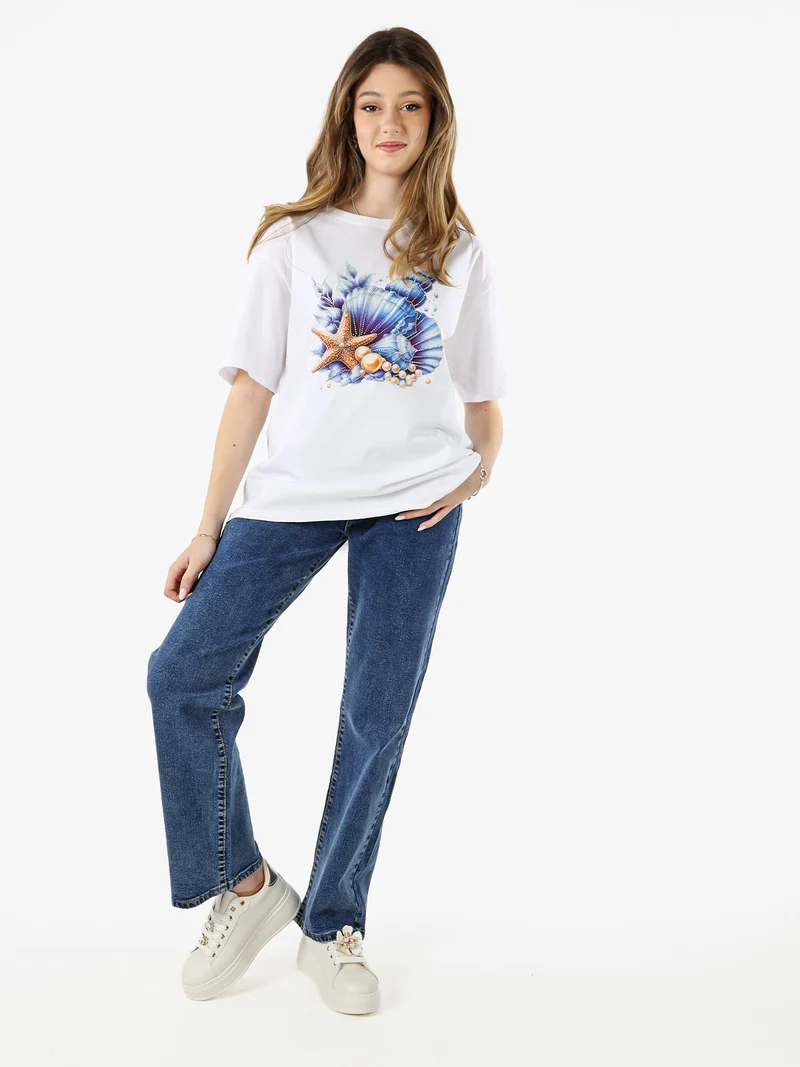 T-shirt donna oversize in cotone con stampa e strass - blu