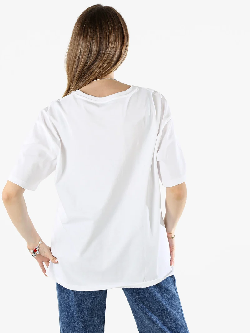 T-shirt donna oversize in cotone con stampa e strass - blu