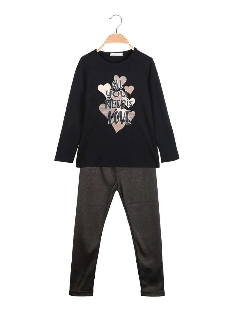 Completo 2 pezzi da bambina con leggings felpato - nero